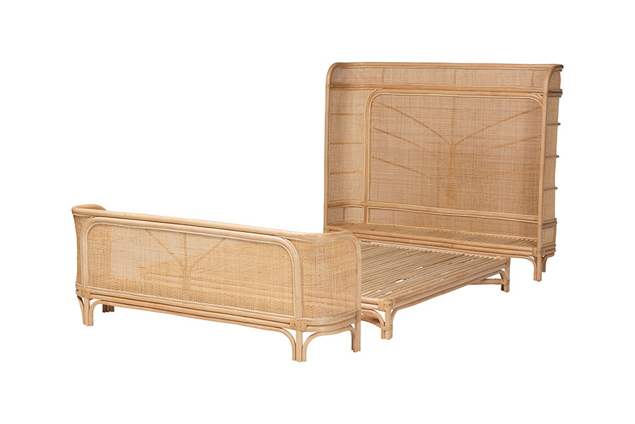 Bali & Pari Fiore Queen Natural Rattan Bed Frame – Handwoven Curved Corner Headboard & Footboard, Boho Coastal Style FredCo