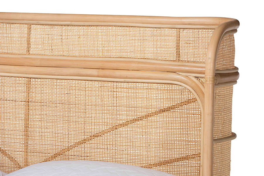 Bali & Pari Fiore Queen Natural Rattan Bed Frame – Handwoven Curved Corner Headboard & Footboard, Boho Coastal Style FredCo