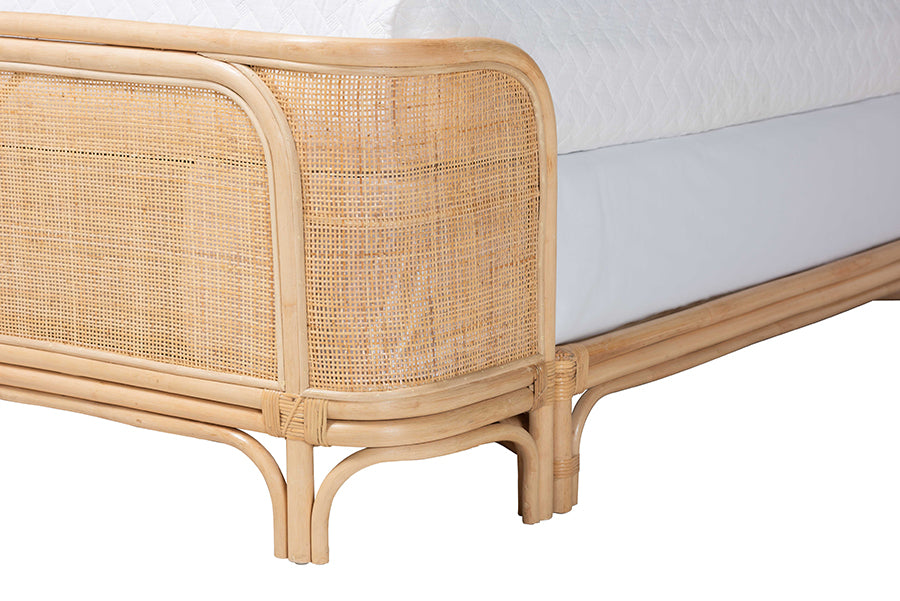Bali & Pari Fiore Queen Natural Rattan Bed Frame – Handwoven Curved Corner Headboard & Footboard, Boho Coastal Style FredCo