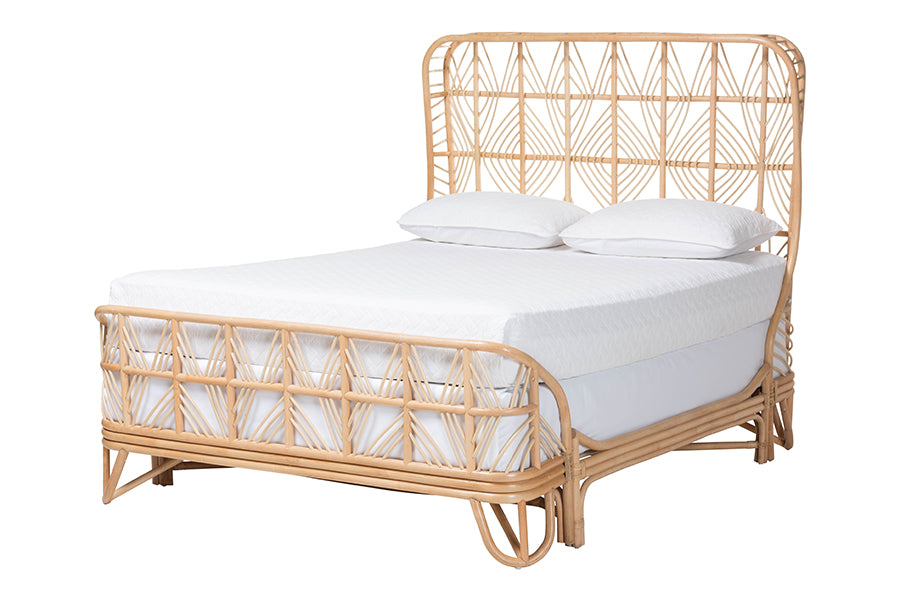 Bali & Pari Hadley Queen Natural Rattan Bed Frame – Handwoven Openwork Headboard & Footboard, Tropical Boho Bedroom Style FredCo