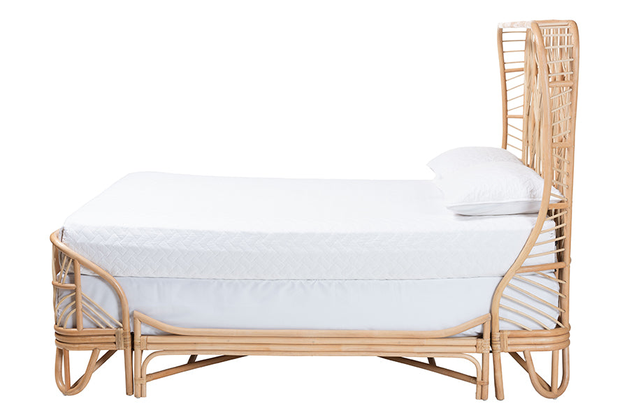 Bali & Pari Hadley Queen Natural Rattan Bed Frame – Handwoven Openwork Headboard & Footboard, Tropical Boho Bedroom Style FredCo