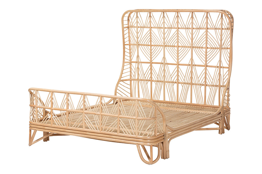 Bali & Pari Hadley Queen Natural Rattan Bed Frame – Handwoven Openwork Headboard & Footboard, Tropical Boho Bedroom Style FredCo