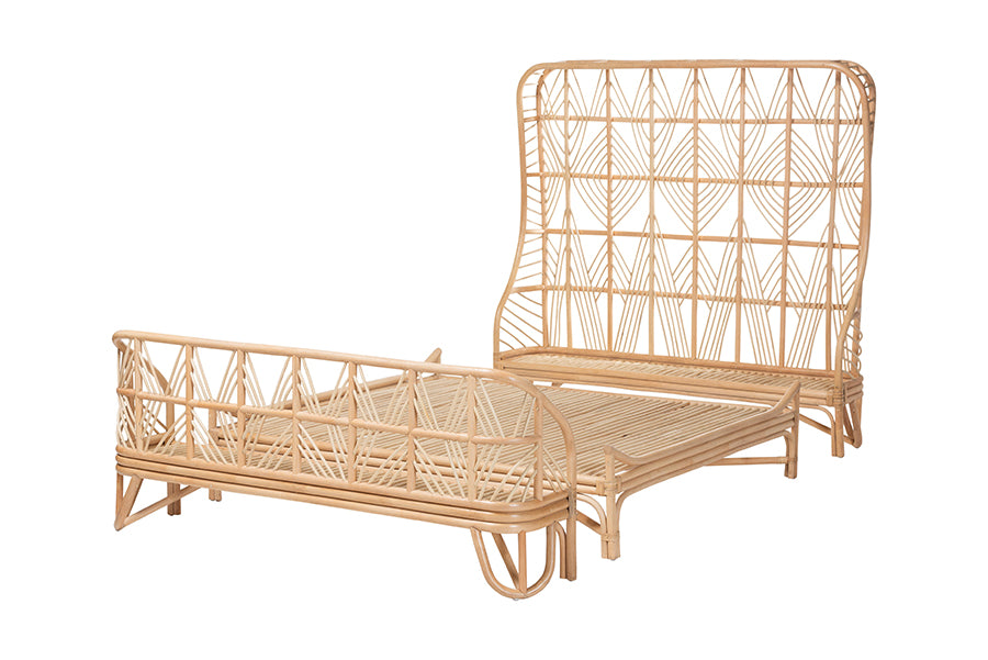 Bali & Pari Hadley Queen Natural Rattan Bed Frame – Handwoven Openwork Headboard & Footboard, Tropical Boho Bedroom Style FredCo