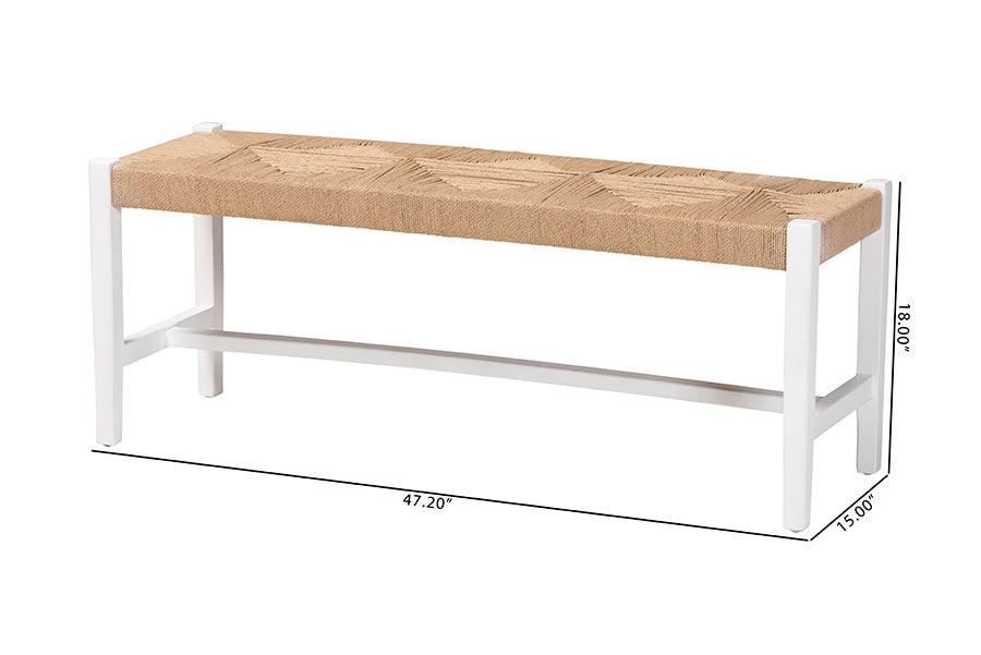Bali & Pari Prita White Woven Paper Loom Bench with Mahogany Frame – Handcrafted Dining or Entryway Accent Seating