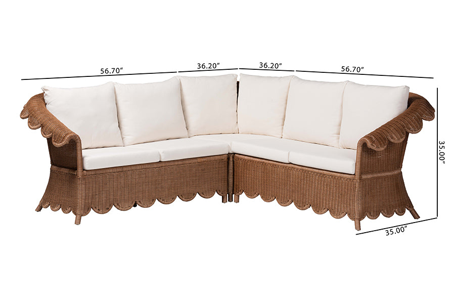 bali & pari Detta Natural Rattan 3-Piece Sectional Set - Handwoven Wicker Corner Lounge Seating with Scalloped Skirt Base and Rolled Arms, Boho Coastal Style for Sunroom or Living Room