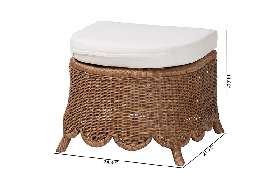 bali & pari Detta Natural Rattan Footstool with Cushion - Handwoven Wicker Ottoman with Scalloped Skirt Base for Coastal Lounge or Sunroom Seating