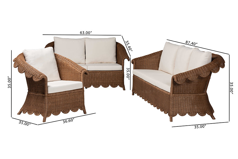 bali & pari Detta Natural Rattan 3-Piece Living Room Set - Handwoven Wicker Lounge Seating with Scalloped Skirt Base and Rolled Arms, Boho Coastal Style for Sunroom or Living Room