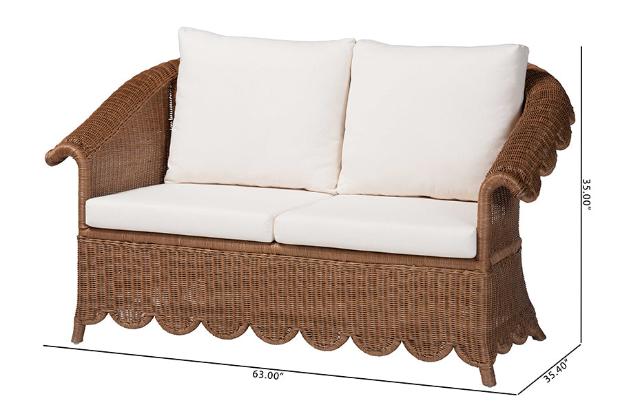 bali & pari Detta Natural Rattan Loveseat with Cushion - Handwoven Wicker Settee with Rolled Arms and Scalloped Skirt Base, Boho Coastal Style for Sunroom or Lounge