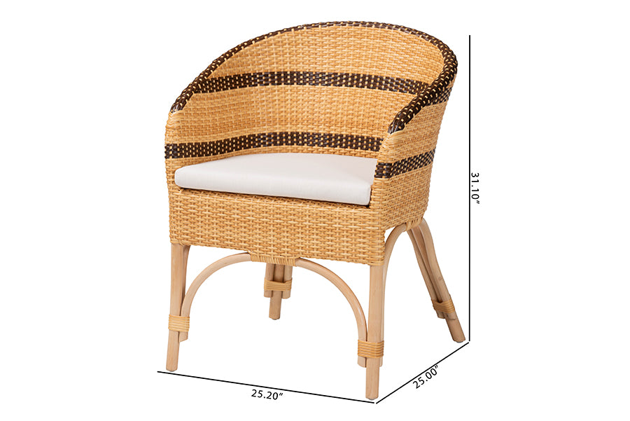 bali & pari Elma Rattan Dining Chair with Cushion - Barrel-Back Accent Chair with Synthetic Woven and Natural Rattan Frame, Boho Coastal Style Seating for Dining or Living Room