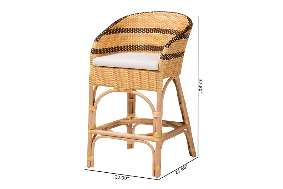 bali & pari Elma Rattan Counter Stool with Cushion - Barrel-Back Counter Chair with Synthetic Woven and Natural Rattan Frame, Boho Coastal Style Seating for Kitchen or Lounge