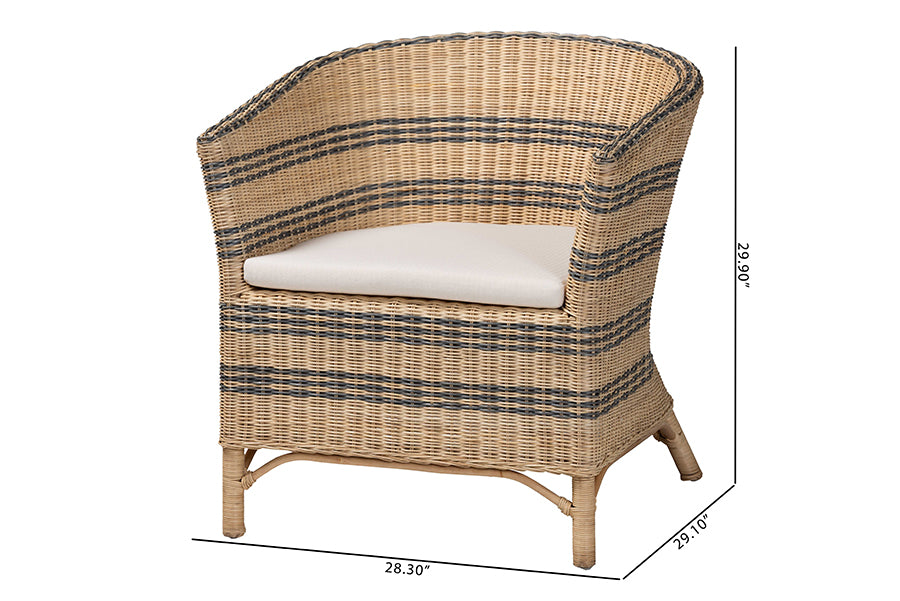 bali & pari Elda Natural Rattan Accent Chair - Wicker Barrel-Back Chair with Two-Tone Woven Stripes and Cushion, Coastal Boho Style Seating for Living Room or Sunroom