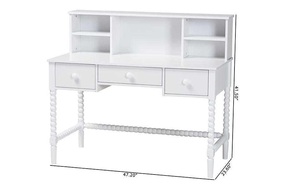 Baxton Studio Archwood Writing Desk with Hutch - 3-Drawer Wood Desk with Bobbin Design for Home Office or Bedroom Workspace, White
