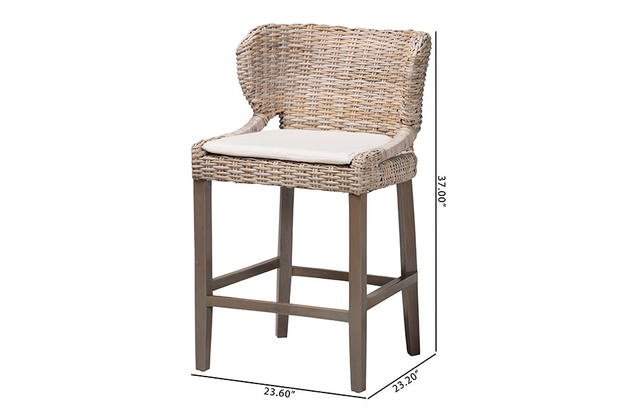 bali & pari Niesha Kubu Rattan Counter Stool with Cushion - Handwoven Wicker Accent Stool with Flared Arms Design for Kitchen Island