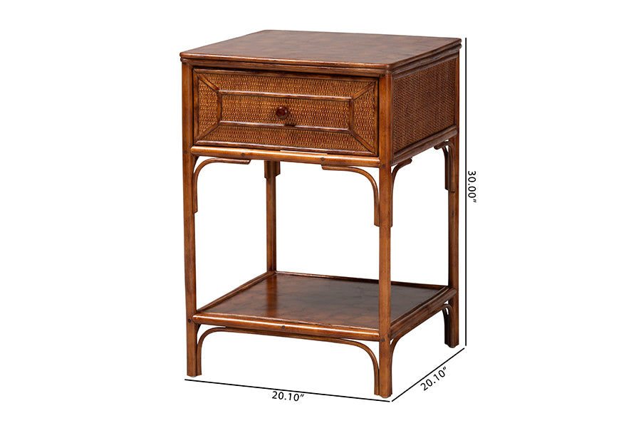bali & pari Basile Marbled Tortoise Natural Rattan End Table - Handwoven Wicker Accent Table with Geometric Overlay Drawer and Open Shelf for Living Room