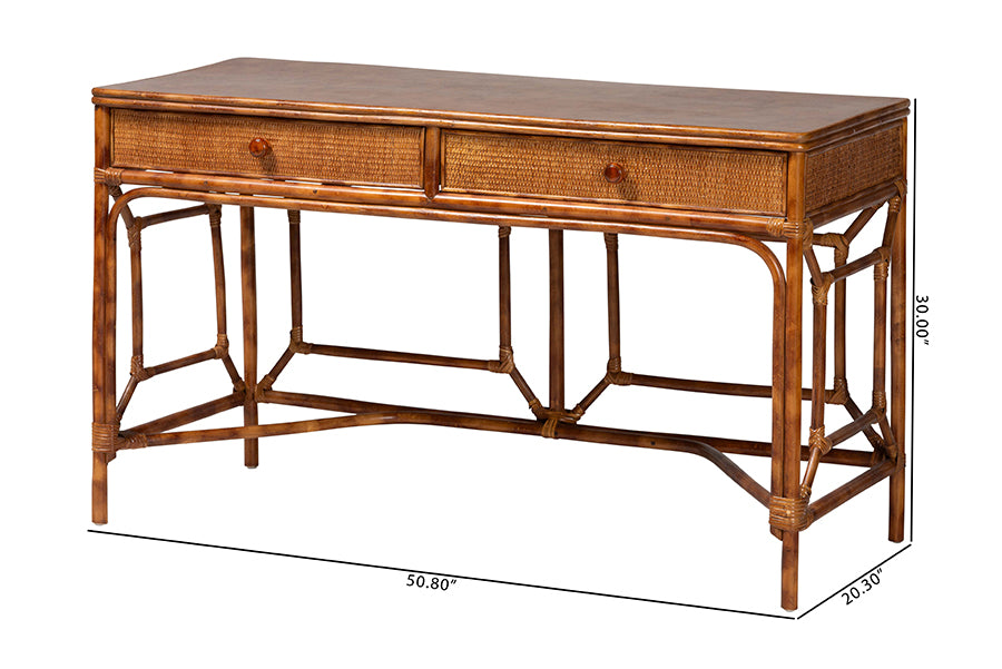 bali & pari Basile Marbled Tortoise Natural Rattan Desk - 2-Drawer Writing Desk with Open Geometric Frame and Woven Detailing for Home Office