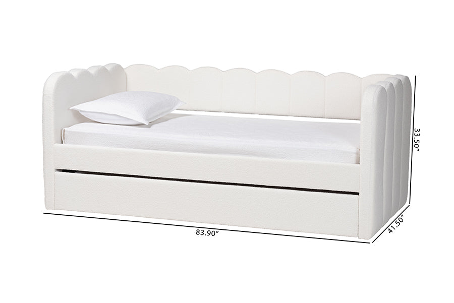 Baxton Studio Palmer Cream Teddy-Bear Fabric Daybed with Rolling Trundle - Scalloped Edge Daybed with Plush Upholstery, Modern Sofa Bed for Bedroom or Guest Room, Twin