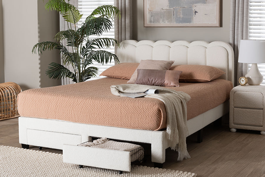 Baxton Studio Caradonna Cream Teddy-Bear Fabric Bed with Storage Drawers - Fully Upholstered Platform Bed with Scalloped Headboard, Queen