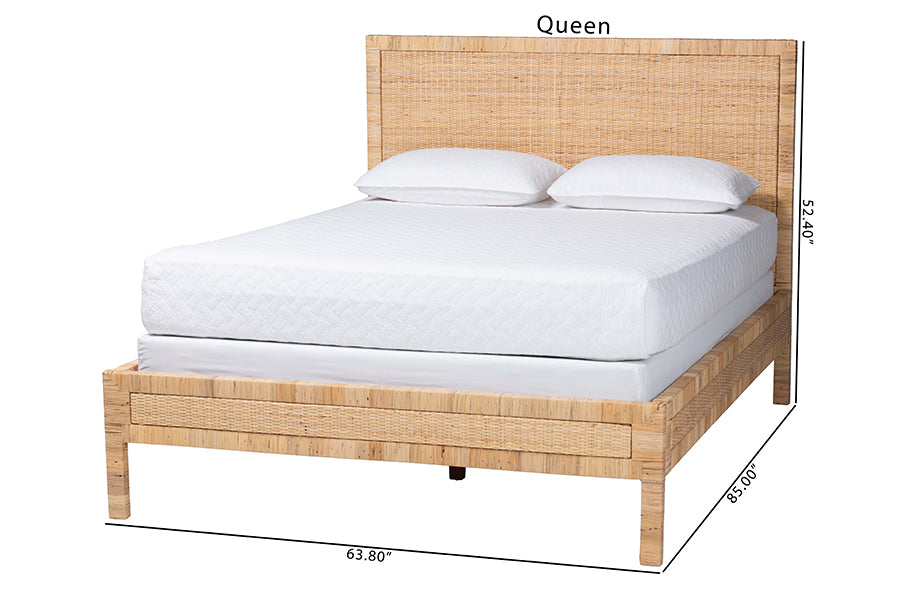 bali & pari Kalimantan Natural Rattan Bed - Coastal Boho Style Bed Frame with Woven Detailing, Queen
