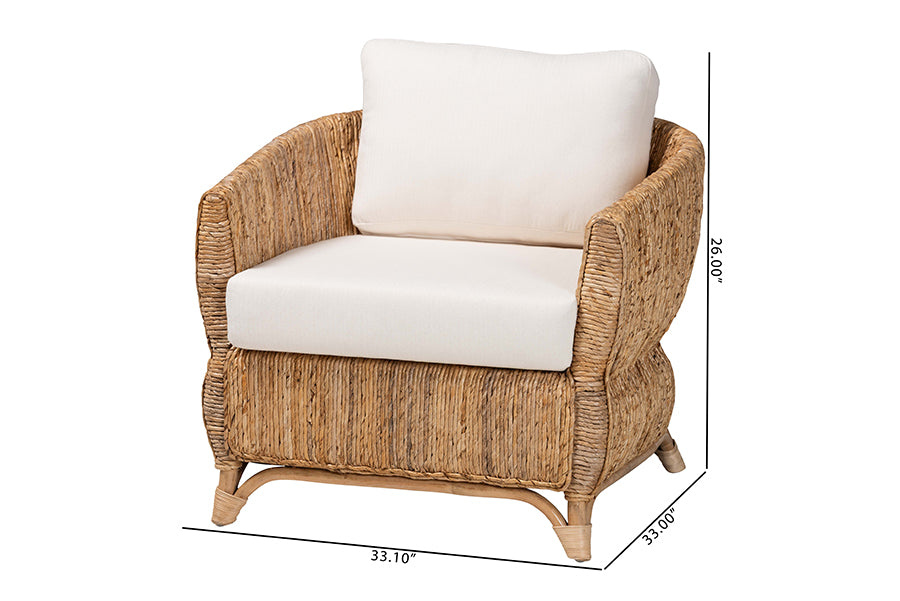 bali & pari Roma Rattan and Seagrass Armchair with Cushions - Handwoven Lounge Chair with Wide Armrests and Sculptural Base, Boho Coastal Living Room Furniture