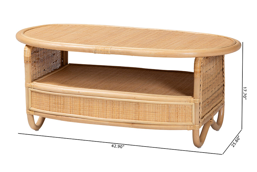 bali & pari Dyna Natural Rattan Coffee Table with Open Shelf - Handwoven Wicker Accent Table with Oval Tabletop and Braided Weavings, Coastal Boho Living Room Centerpiece