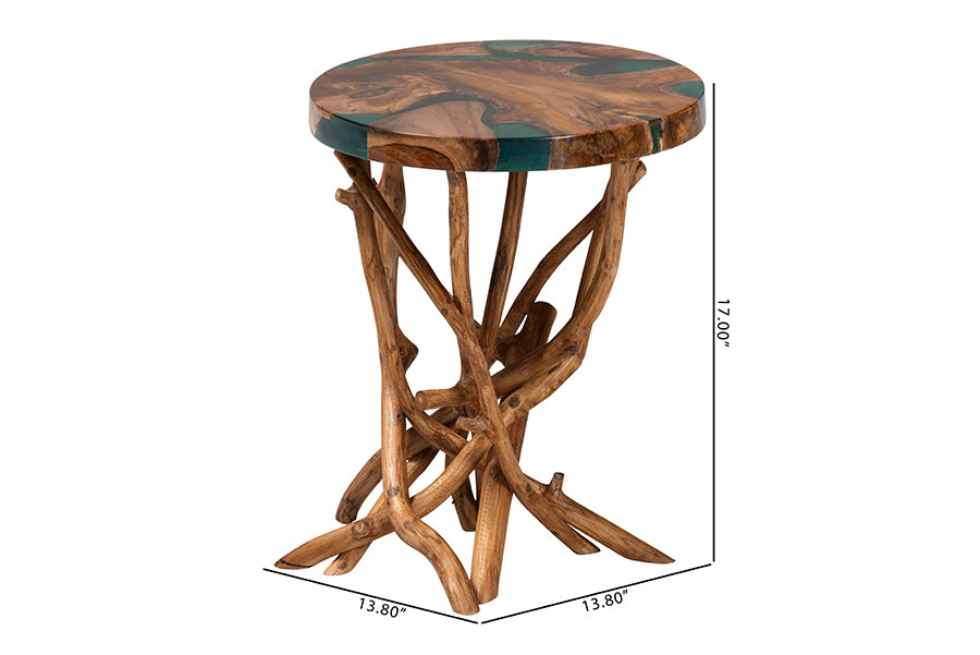 bali & pari Amada Teak Wood Epoxy Resin End Table - Round Live Edge Side Table with Branch Legs, Handcrafted Modern Rustic Accent Table