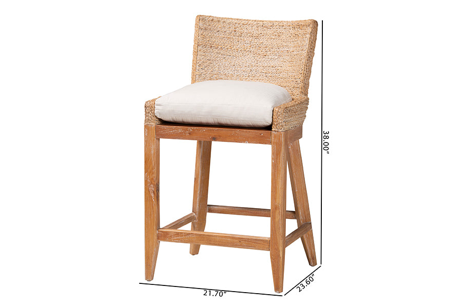 bali & pari Ridley Seagrass Counter Stool with Mahogany Wood Frame - Coastal Seating with Woven Square Back and Cushioned Seat for Kitchen Island or Breakfast Bar, Whitewash