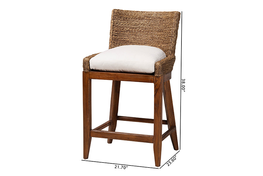 bali & pari Ridley Seagrass Counter Stool with Mahogany Wood Frame - Coastal Seating with Woven Square Back and Cushioned Seat for Kitchen Island or Breakfast Bar, Brown Wash