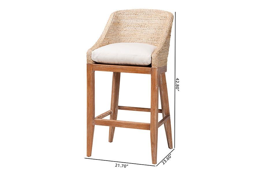 bali & pari Jasper Seagrass Bar Stool with Mahogany Wood Frame - Coastal Seating with Woven Wingback and Cushioned Seat for Bar Island or Lounge, Whitewash