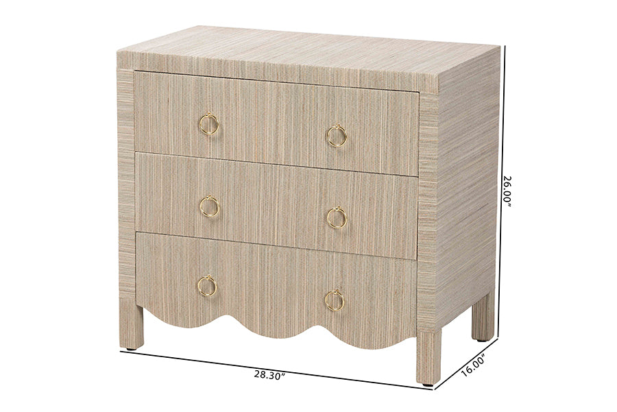 bali & pari Umika Grasscloth Nightstand with Scalloped Base - 3-Drawer Accent Chest with Gold Ring Pulls, Bedroom Storage Table or Side Cabinet