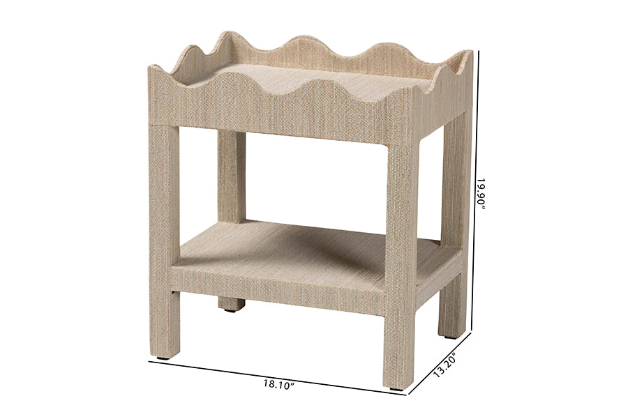 bali & pari Sebastian Grasscloth Scalloped End Table - 2-Tier Accent Table with Open Shelf Storage for Living Room, Bedroom, or Entryway, Beige