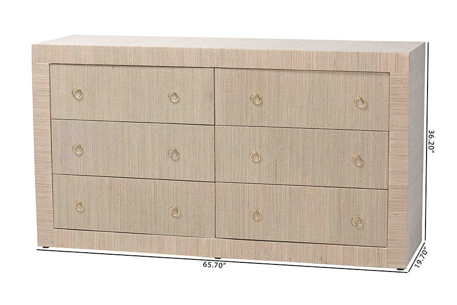 bali & pari Sage Natural Grasscloth Dresser - 6-Drawer Bedroom Storage Cabinet with Gold Ring Pulls, Modern Coastal Chest of Drawers