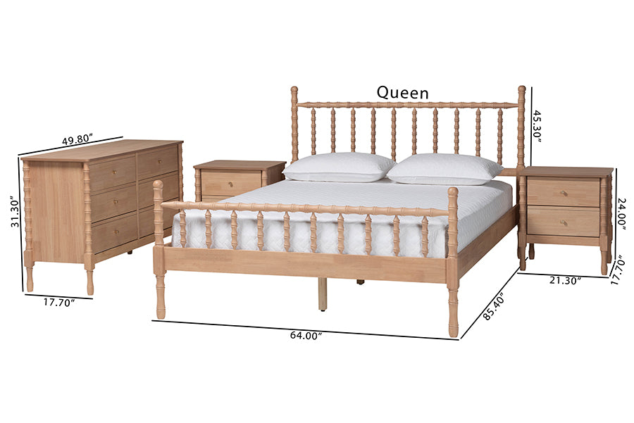 Baxton Studio Laurent Bamboo-Style 4-Piece Bedroom Set - Spindle Platform Bed with Matching Dresser and Two Nightstands, Cottage Farmhouse Style, Queen