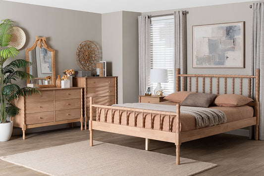 Baxton Studio Laurent Bamboo-Style 4-Piece Bedroom Set - Spindle Platform Bed with Matching Dresser, Chest, and Nightstand, Cottage Farmhouse Style, Queen