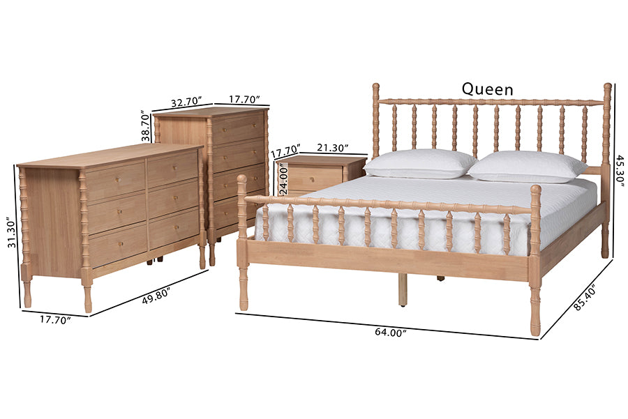 Baxton Studio Laurent Bamboo-Style 4-Piece Bedroom Set - Spindle Platform Bed with Matching Dresser, Chest, and Nightstand, Cottage Farmhouse Style, Queen