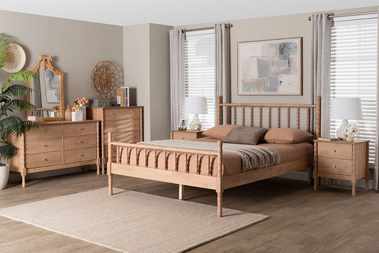 Baxton Studio Laurent Bamboo-Style 5-Piece Bedroom Set - Spindle Platform Bed with Matching Dresser, Chest, and Two Nightstands, Cottage Farmhouse Style, Queen