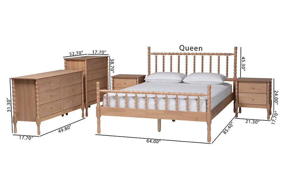 Baxton Studio Laurent Bamboo-Style 5-Piece Bedroom Set - Spindle Platform Bed with Matching Dresser, Chest, and Two Nightstands, Cottage Farmhouse Style, Queen