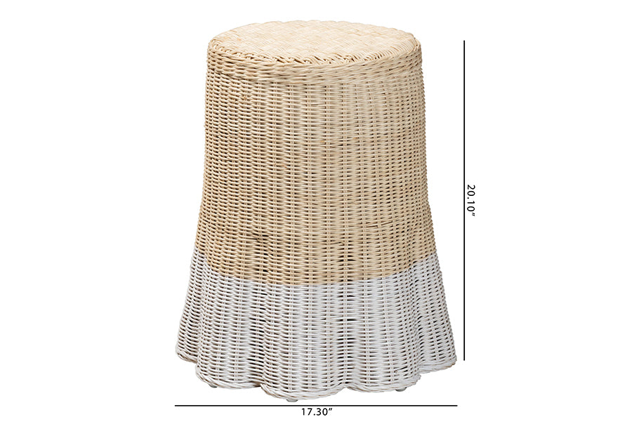 bali & pari Sarna Natural Rattan End Table - Handwoven Wicker Accent Table with Scalloped Base and Two-Tone Finish, Boho Coastal Style Side Table