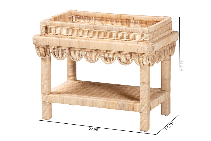 bali & pari Weyman Scalloped Rattan End Table with Removable Tray Top - Handwoven Rattan Accent Table with Shelf, Coastal Boho Style Side Table for Living Room or Bedroom