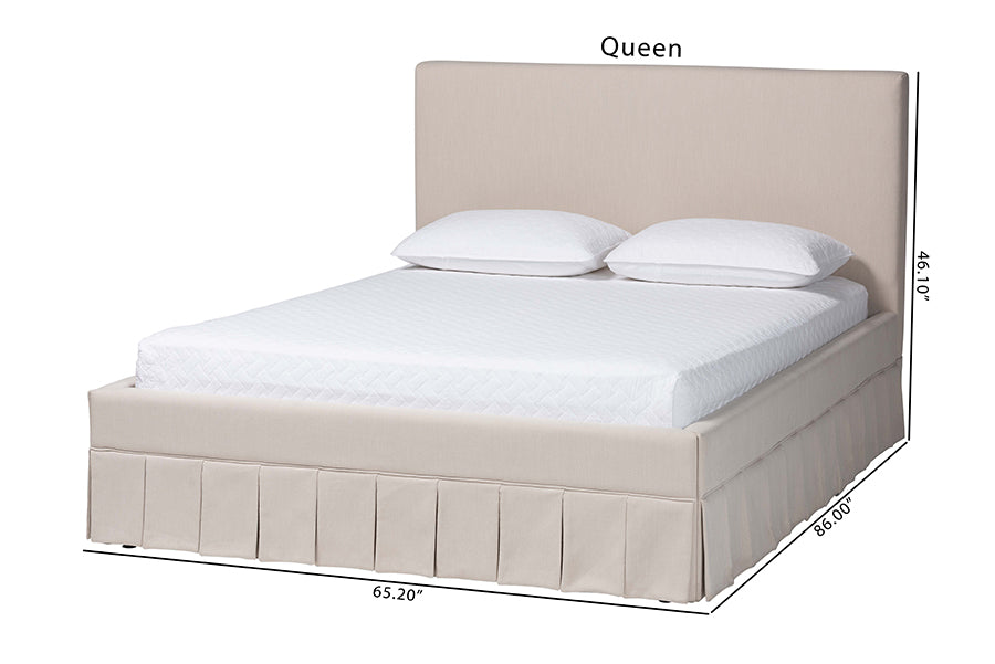 Baxton Studio Astin Platform Bed with Pleated Skirt- Fabric Upholstered Bed Frame with Panel Headboard, Queen
