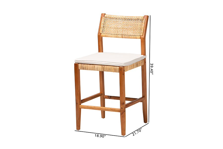 bali & pari Chatura Natural Rattan and Mahogany Wood 2-Piece Counter Stool Set - Handwoven Wicker Stool with Angled Back, Coastal Boho Seating for Kitchen Island, Counter Height