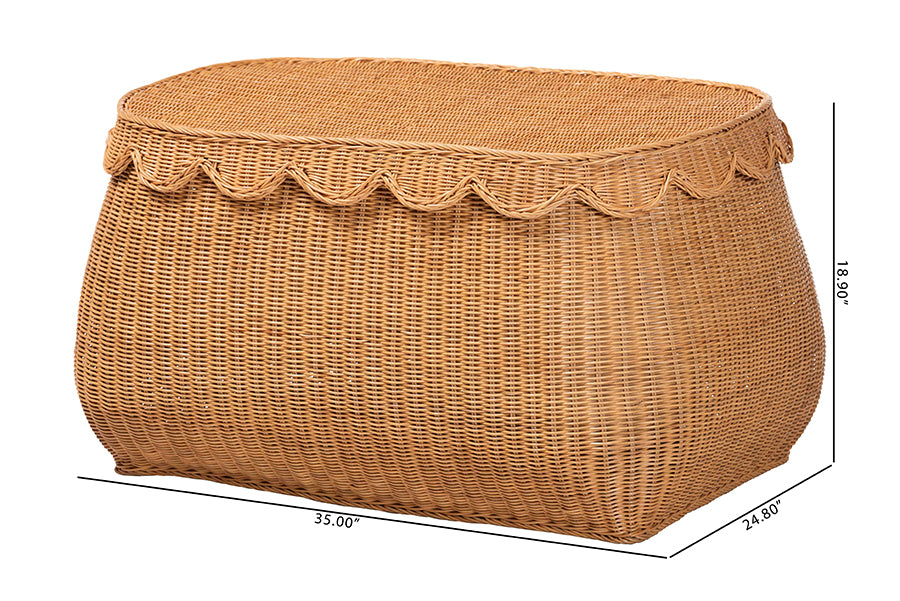 bali & pari Ayleen Natural Rattan Basket with Scalloped Lid - Handwoven Wicker Storage Box, Boho Coastal Home Decor, Large