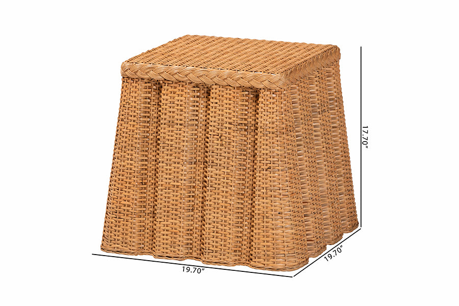 bali & pari Andrea Natural Rattan End Table - Handwoven Wicker Accent Table with Pleated Skirt, Boho Coastal Side Table