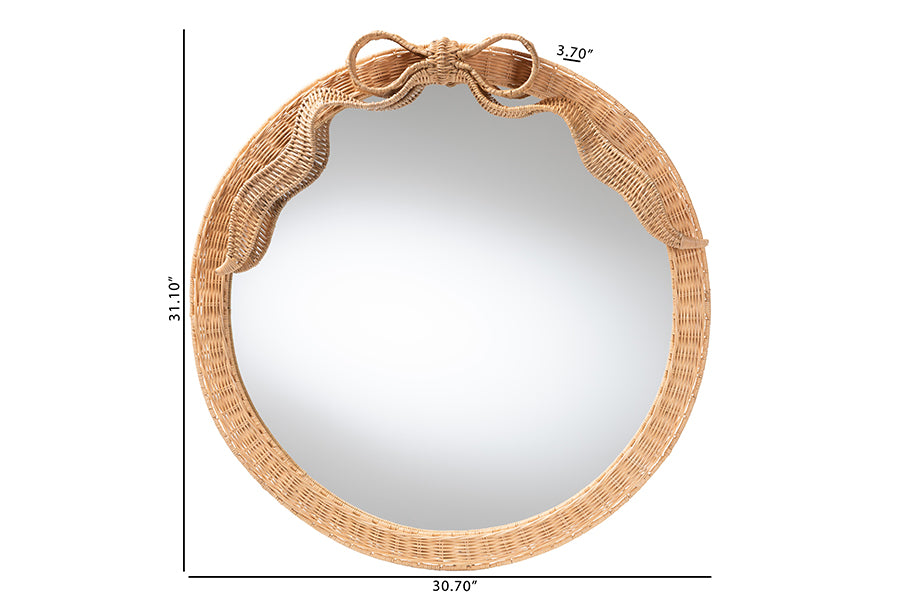 bali & pari Creusa Natural Rattan Round Wall Mirror -Handwoven Wicker Frame with Decorative Bow Accent, Coastal Boho Wall Decor for Entryway, Bedroom, or Living Room