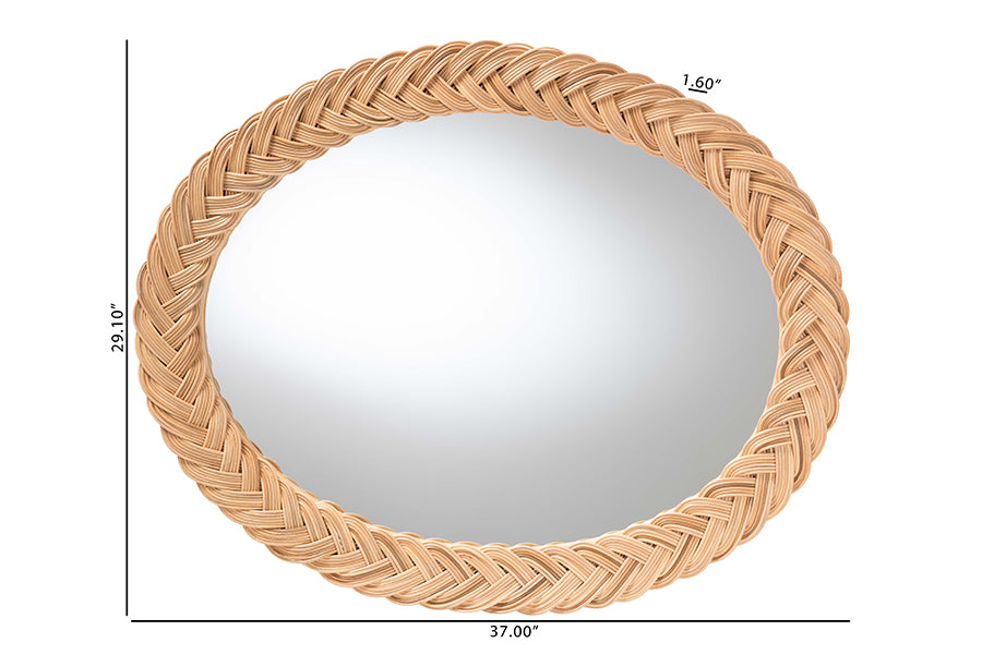 bali & pari Nara Natural Rattan Wall Mirror - Handwoven Braided Wicker Frame, Coastal Boho Wall Decor for Entryway, Bedroom, or Living Room, Oval