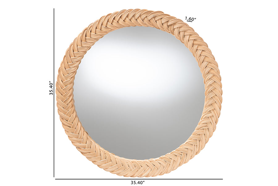 bali & pari Nara Natural Rattan Wall Mirror - Handwoven Braided Wicker Frame, Coastal Boho Wall Decor for Entryway, Bedroom, or Living Room, Round