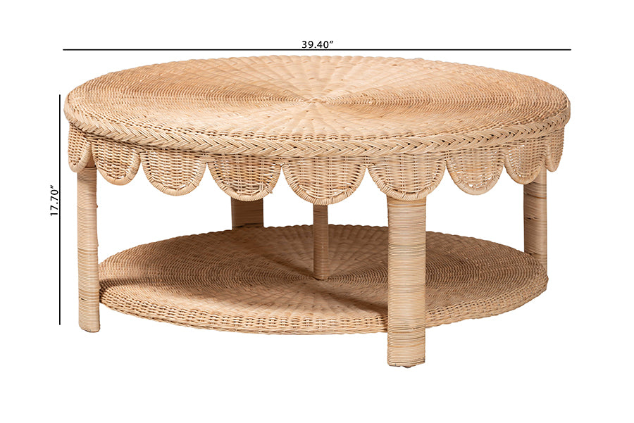 bali & pari Latoya Natural Rattan Coffee Table - Handwoven Round Wicker Table with Scalloped Apron and Lower Shelf, Coastal Boho Living Room Accent Furniture