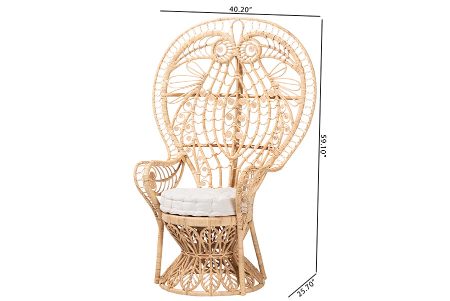 bali & pari Kimiko Natural Rattan Peacock Chair with Cushion - Handwoven Wicker Accent Chair with Fan Backrest, Boho Coastal Statement Seating for Living Room or Event