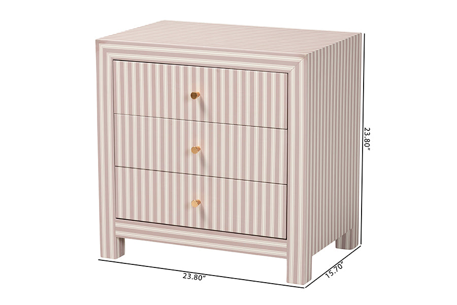 Baxton Studio Javianne End Table with Striped Faux Leather - 3-Drawer Storage Cabinet with Gold Knobs