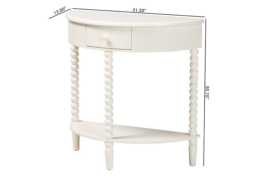 Baxton Studio Raynera Bobbin-Leg Demilune Console Table - Half-Moon Accent Table with 1 Drawer and Open Shelf, Cottage Farmhouse Entryway or Living Room Furniture