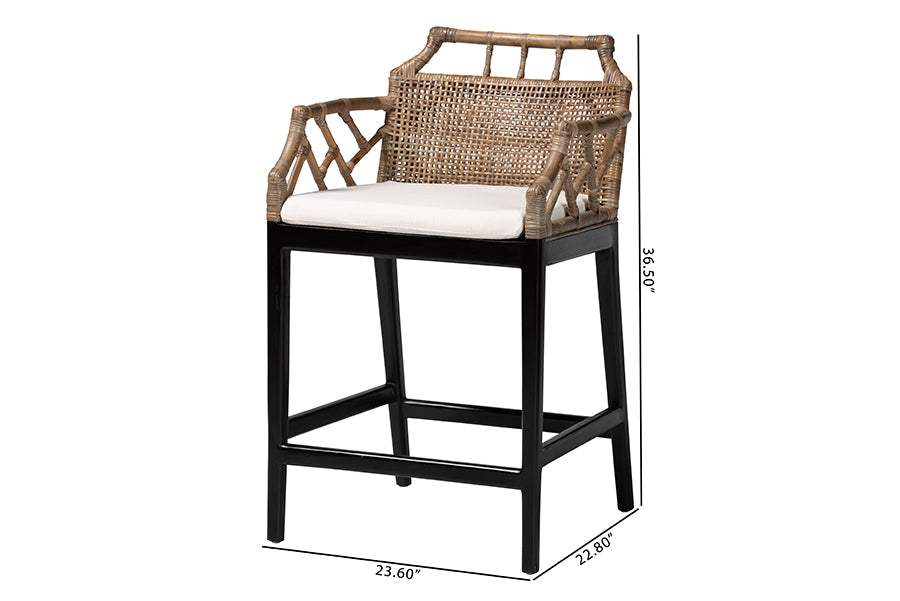 bali & pari Abiel Natural Rattan Counter Stool with Arms and Removable Cushion - Handwoven Wicker Stool with Mahogany Wood Frame, Coastal Boho Seating for Kitchen or Dining Area